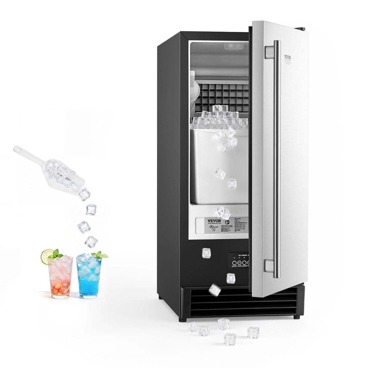 Undercounter Built-in Ice Maker, 50 Lbs/Day Under Counter Ice Maker Machine with Drain Pump, Reversible Door