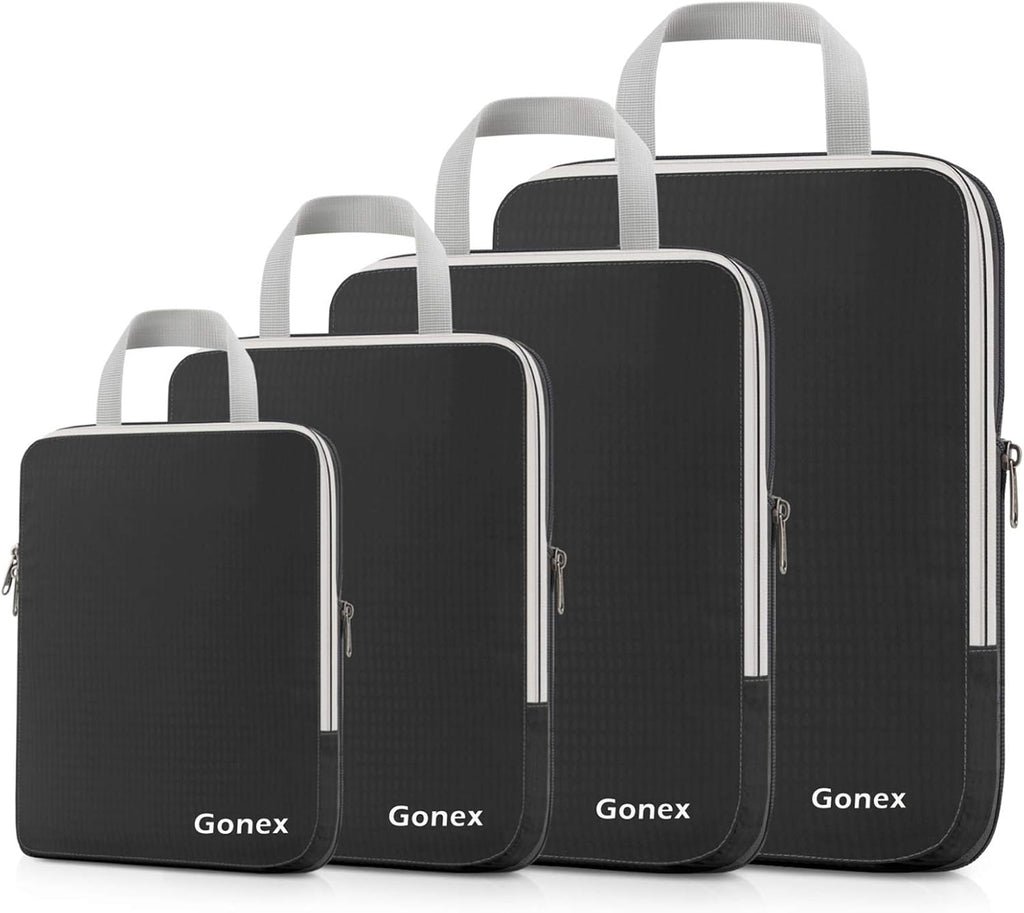 Compression Packing Cubes, 4pcs Expandable Storage Travel Luggage Bags Organizers(Black)