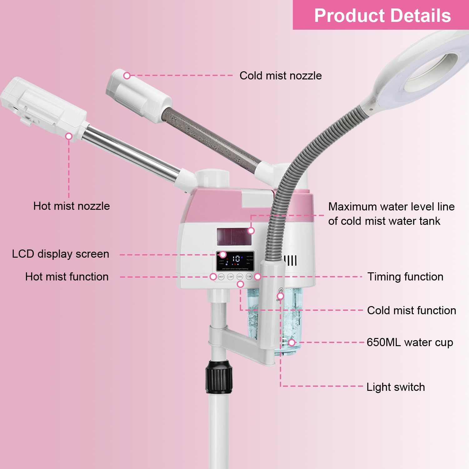 Professional Facial Steamer, 3 in 1 Facial Steamer with 5X Magnifying Lamp Hot&Cool Mist, Esthetician Steamer on
