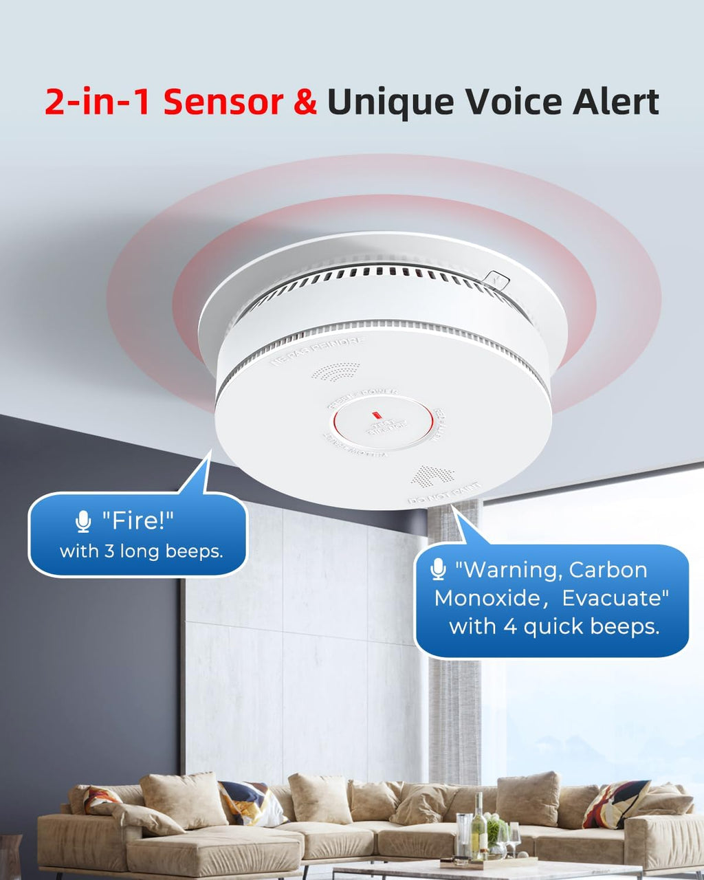 Hardwired Interconnected Smoke Detector Carbon Monoxide Detector Combo with 2 AA Batteries Back Up, 2 in 1 Smoke and