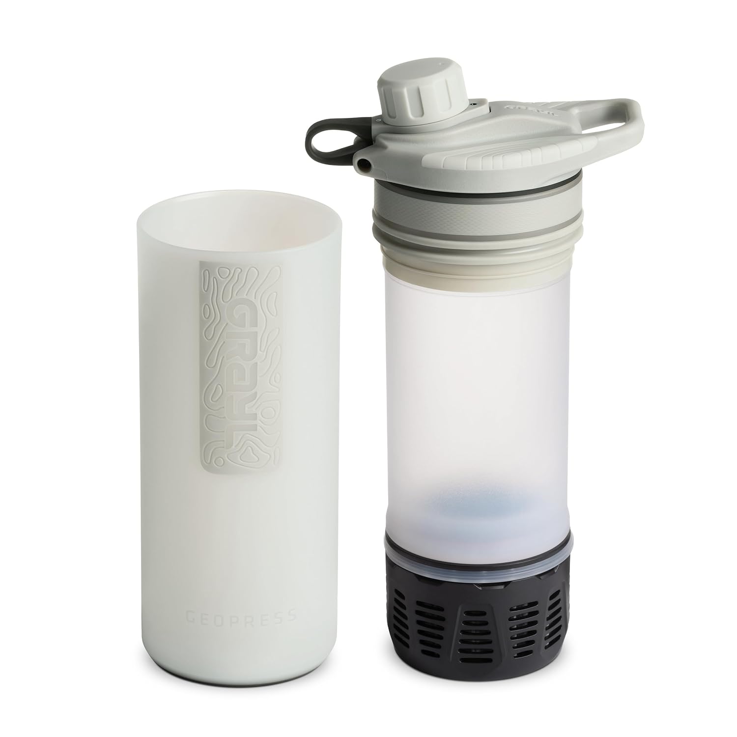 GeoPress 24 oz Water Purifier Bottle - Filter for Hiking, Camping, Survival, Travel (Peak White) | Purifies & Filters