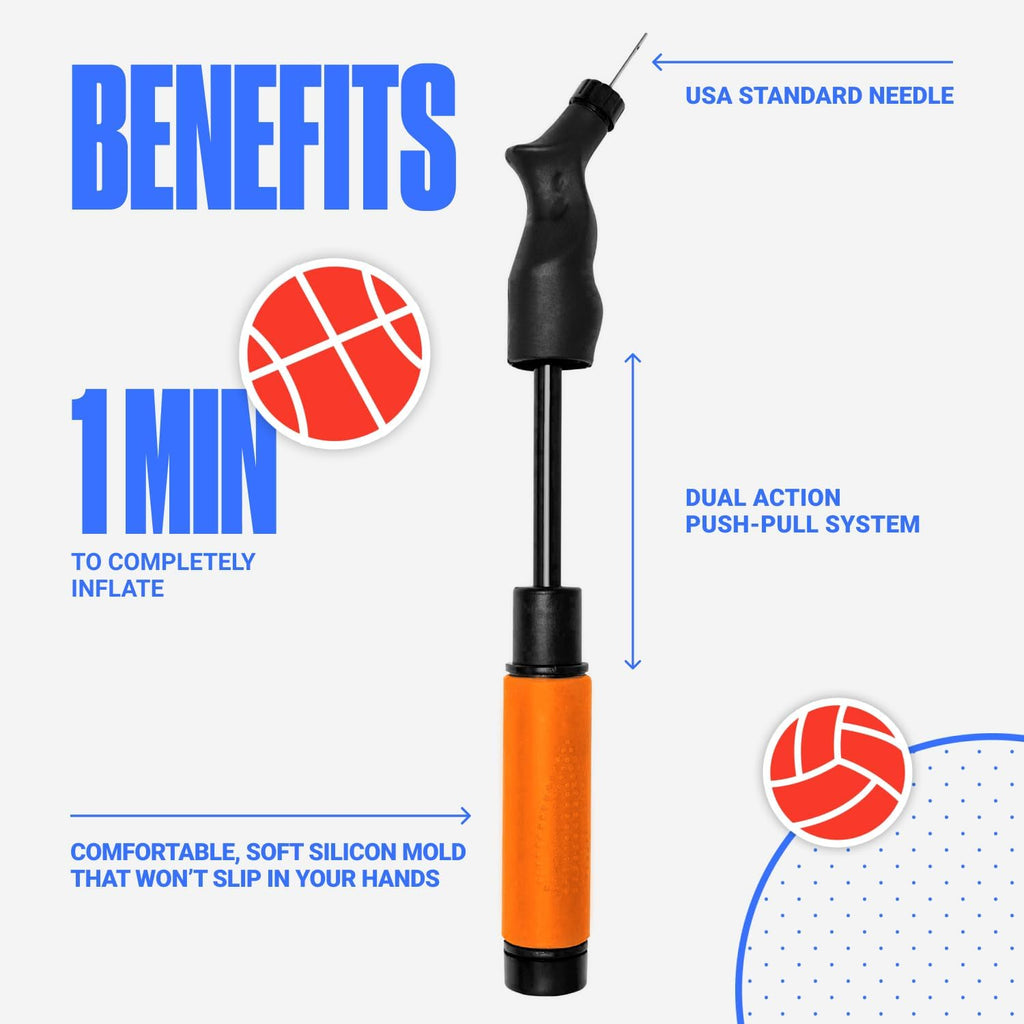 Ball Pump for Sports Balls - Push & Pull Inflating System - Hand Pump for Exercise Balls - Volleyball Pump