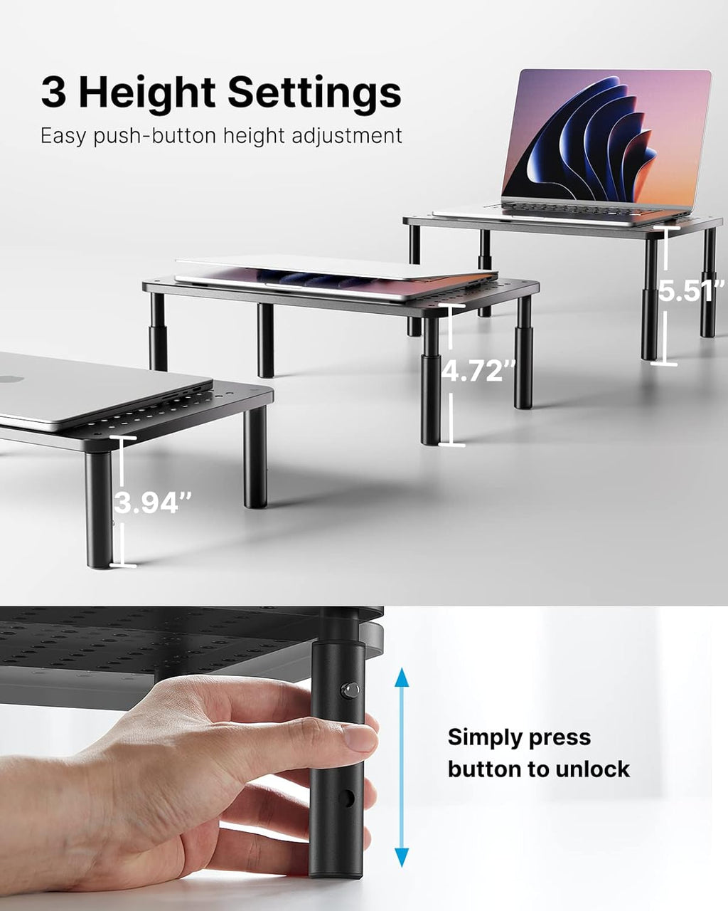 Monitor Stand, Monitor Stand Riser 3 Height Adjustable, Monitor Riser with Airflow Vents, Laptop Stand for Desk