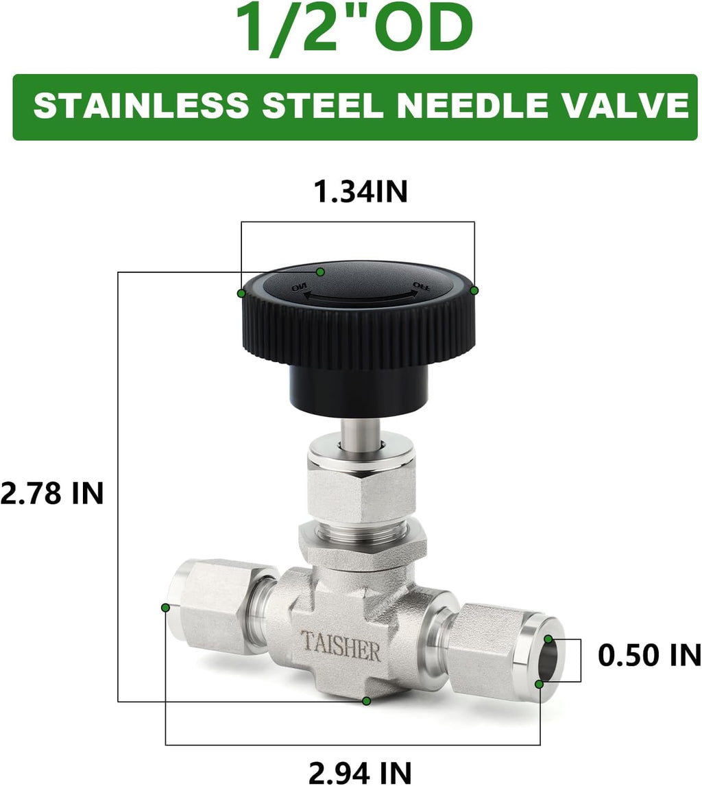TAISHER 1PCS 316 SS Compression Tube Straight Needle Valve 1/2" OD