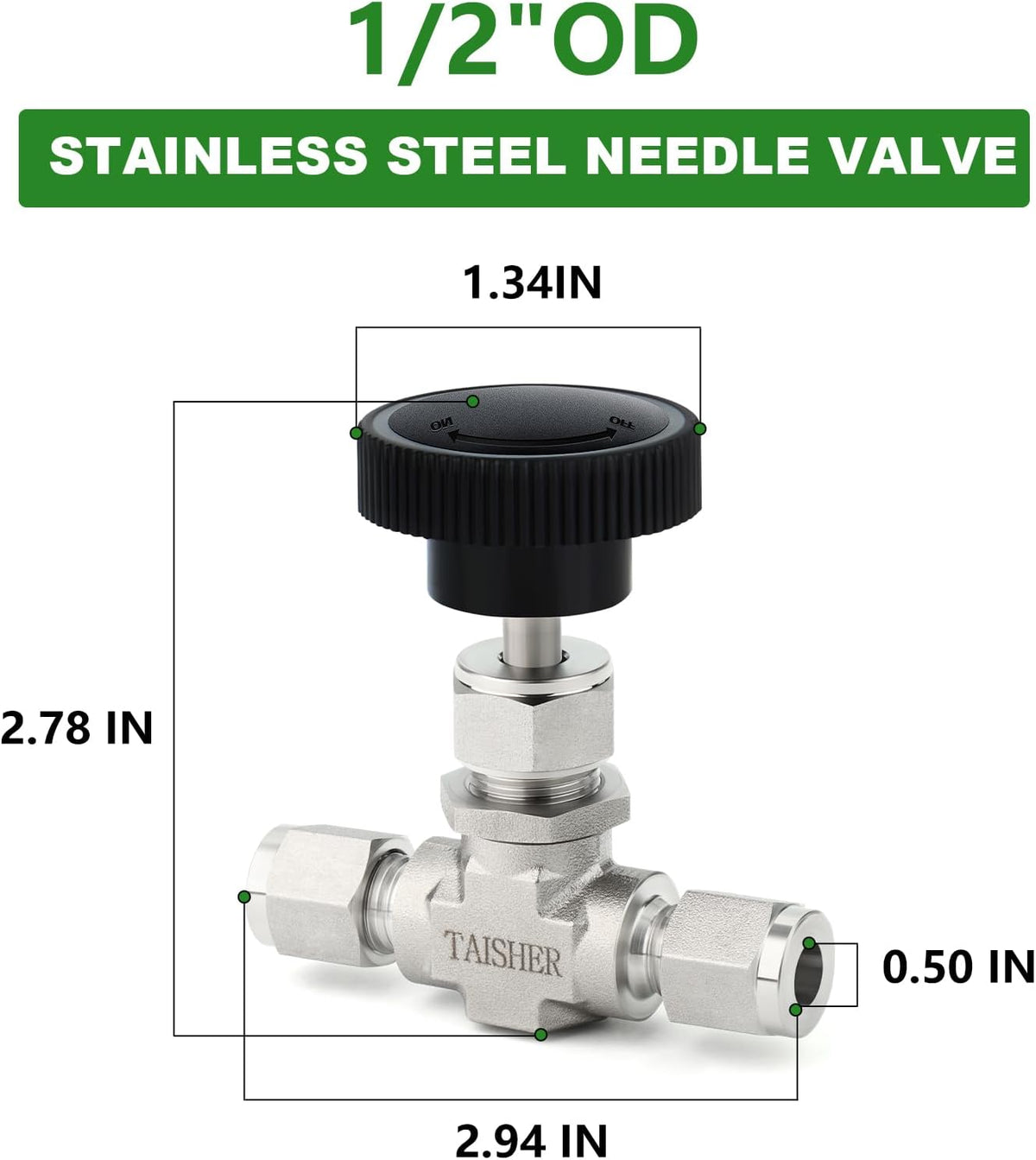 TAISHER 1PCS 316 SS Compression Tube Straight Needle Valve 1/2" OD