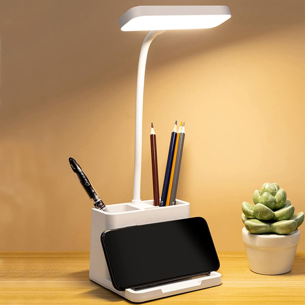 LED Small Desk Lamp with Pen Holder/Phone Holder Function, Rechargeable Desk Light with Flexible Gooseneck, 3 Modes