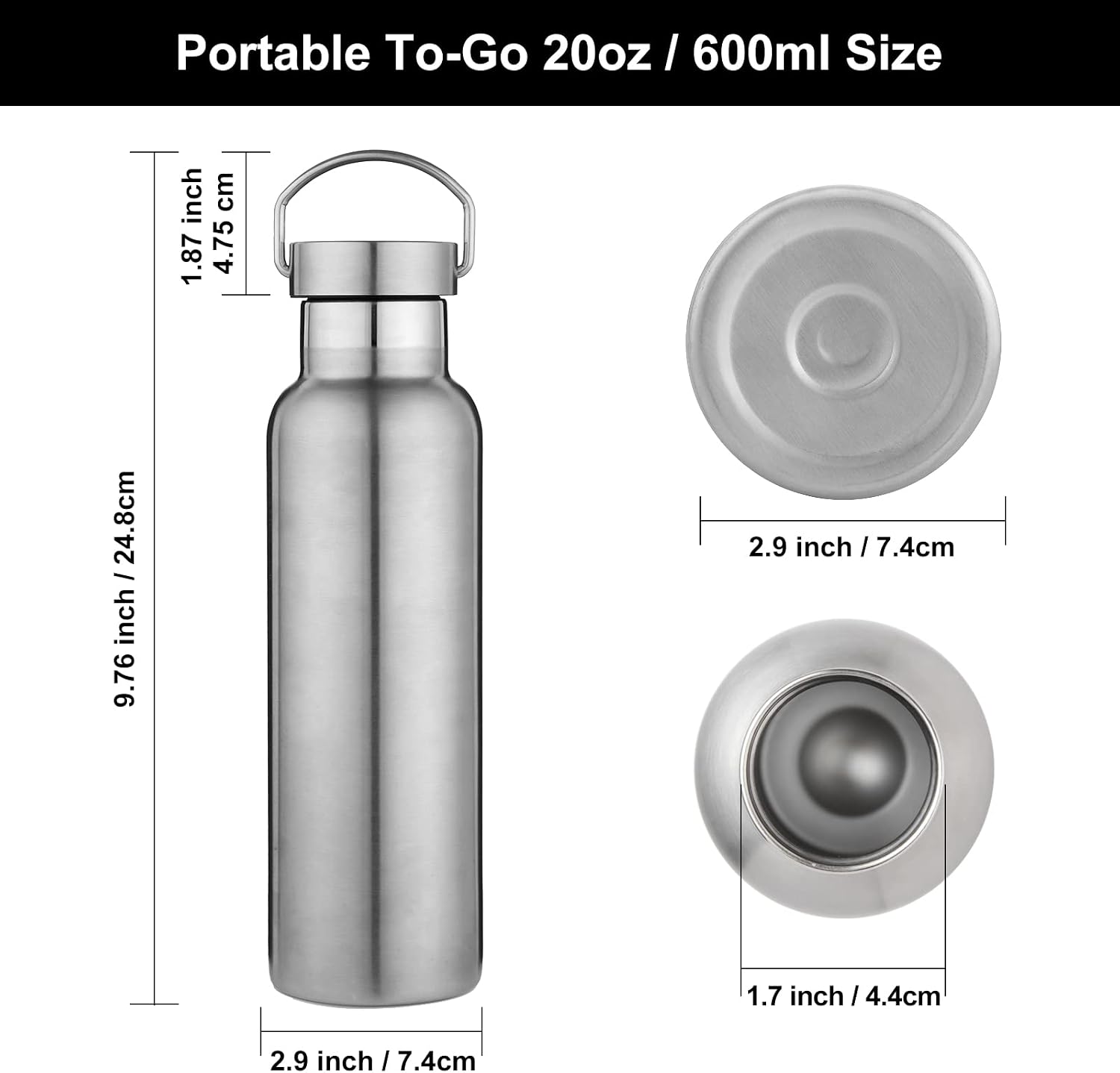 20 oz Insulated Water Bottles Bulk 2 Pack,Stainless Steel Double Wall Sport Bottle with Lid of Handle,Metal Reusable