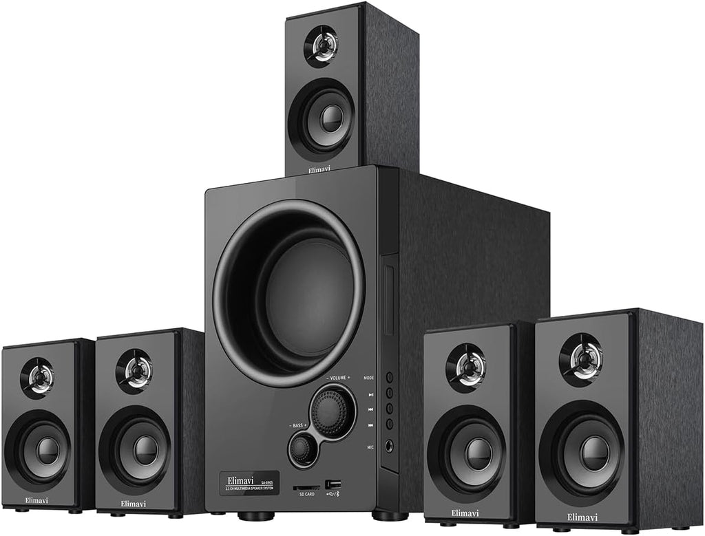 5.1 Home Theater Surround Sound System with 5.5-Inch Subwoofer | 200W Peak Power, Five 2.5-Inch Speakers, MDF