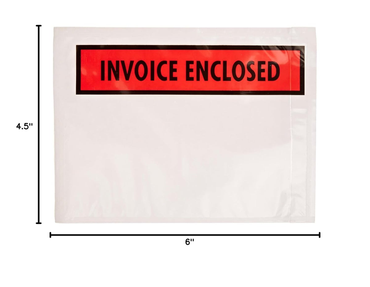 PL463 Poly Full Face Document Envelope, Legend"Invoice Enclosed", 4-1/2" Length x 6" Width, 2 mil Thick, Red/Black on