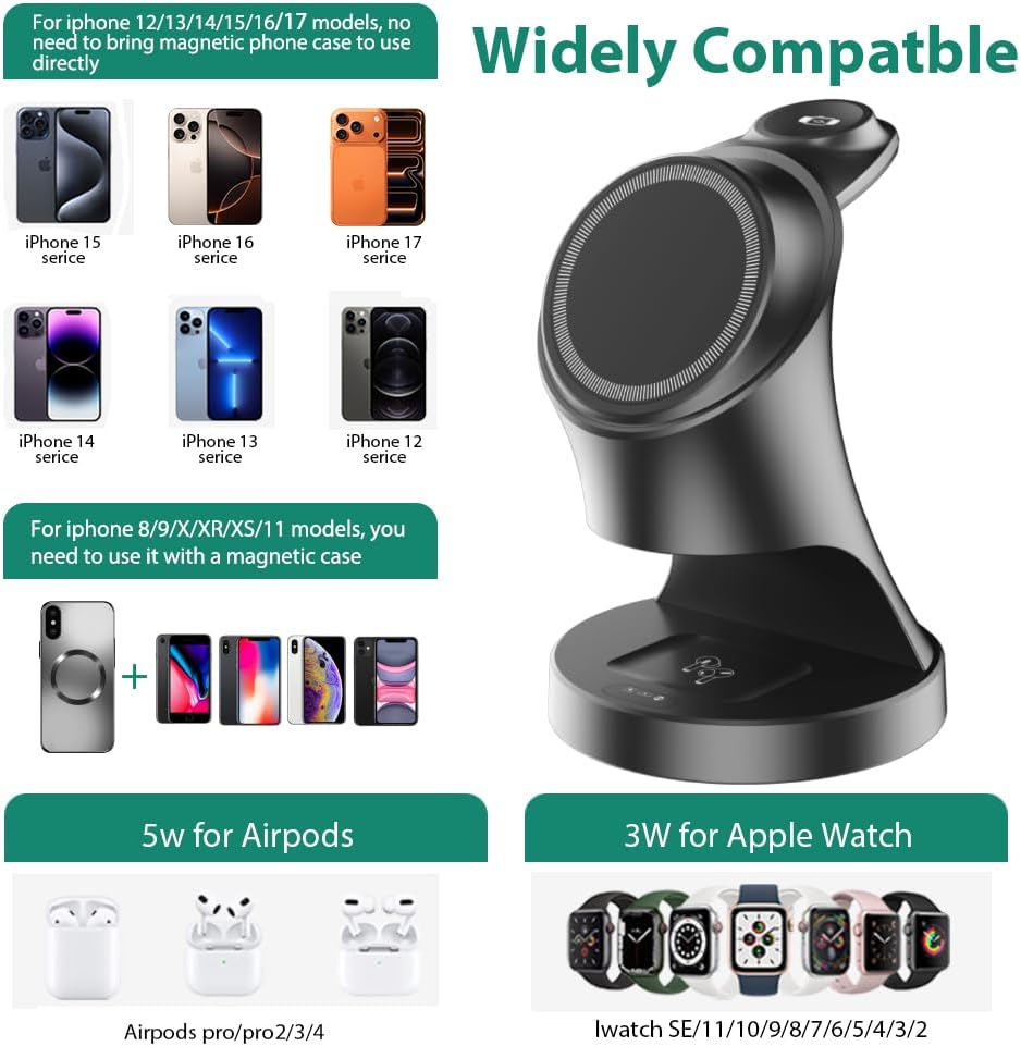 Wireless Charger,3 in 1 Magnetic Wireless Charger Stand, Fast Wireless Charging Dock for iPhone17/16/15/14/13/12