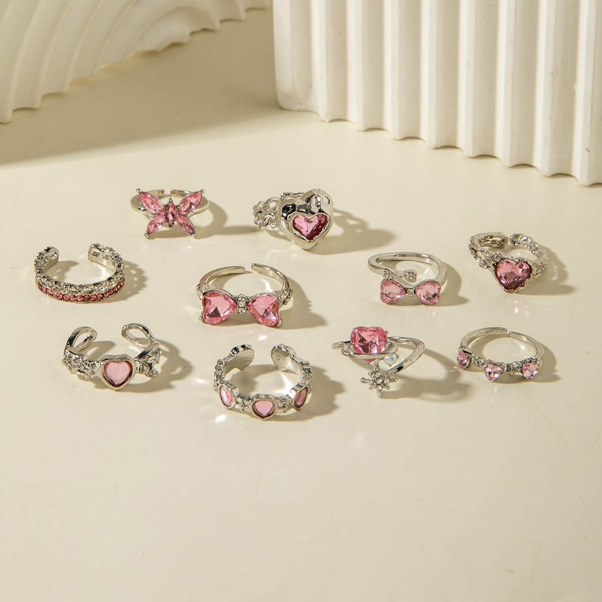 Gold Rings Sets for Women Pink Rhinestone Crystal Ring Heart Butterfly Bowknot Knuckle Joint Rings Set Vintage Boho