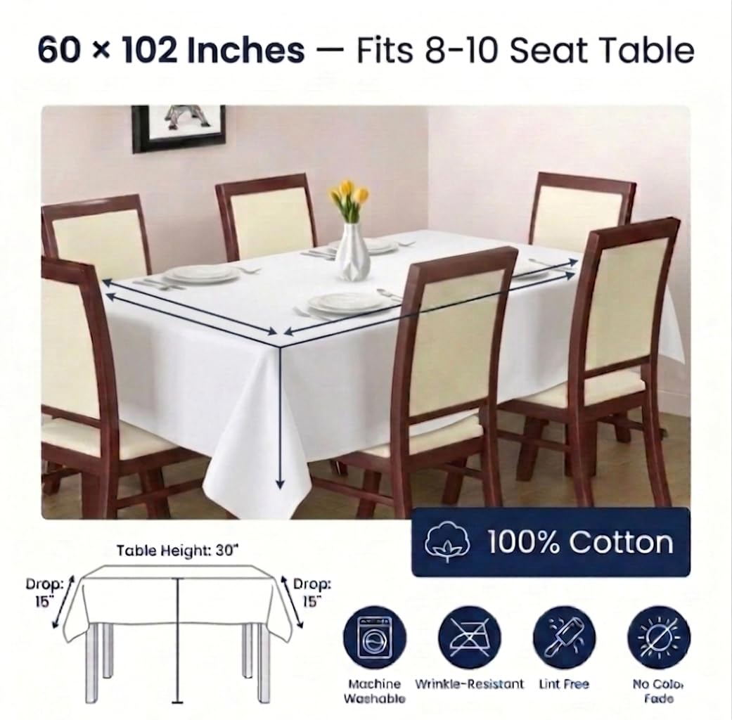 Tablecloth Cotton Tabletop 60x102 (8-10 Seats) White