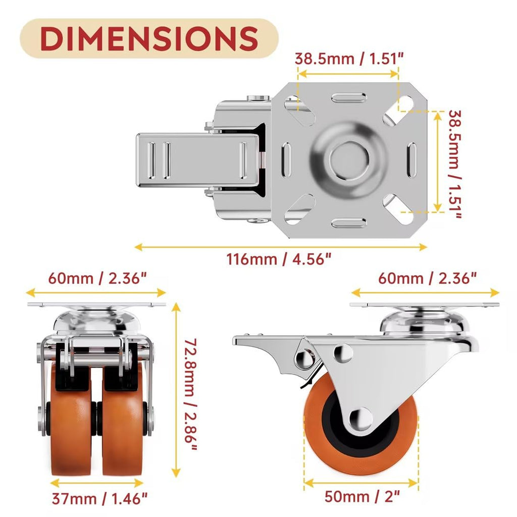 2 Inch Heavy Duty Caster Wheels Set of 4 Locking Plate | 880lb, 360° Swivel, TPR Floor-Safe, Industrial Casters