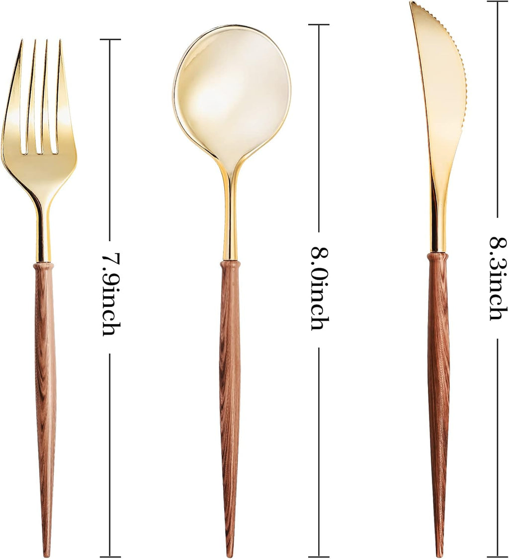 120PCS High End Gold Plastic Silverware with Wood Grain Handle