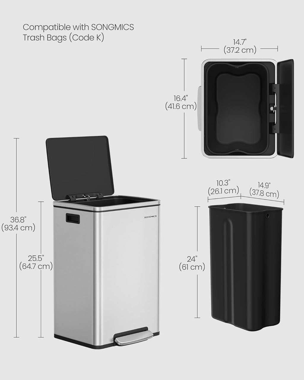 Trash Can, 13-Gallon Gabbage Can, with 15 Trash Bags, Stainless Steel, with Soft-Close Lid, Removable Inner Bucket