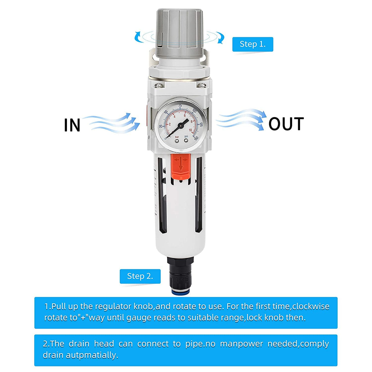 NANPU 1/2" NPT Air Compressor Filter & Pressure Regulator Combo, Auto Drain