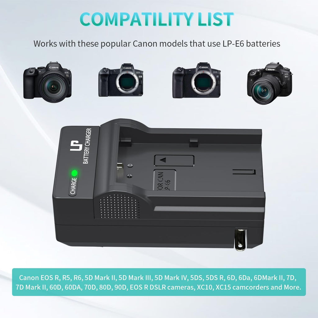LP-E6 LP E6N Battery Charger, Charger Compatible with Canon EOS 90D, 80D, 70D, 60D, 60DA, 7D Mark II, 7D, 6D Mark II