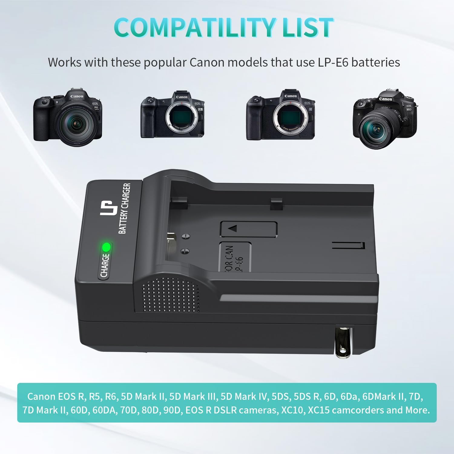 LP-E6 LP E6N Battery Charger, Charger Compatible with Canon EOS 90D, 80D, 70D, 60D, 60DA, 7D Mark II, 7D, 6D Mark II