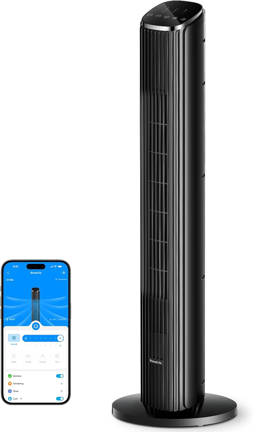 36 in. Black Tower Fan for Bedroom, 5 Modes 8 Speeds up to 25ft/s | Smart Floor Fan with App/Voice Control, Temp