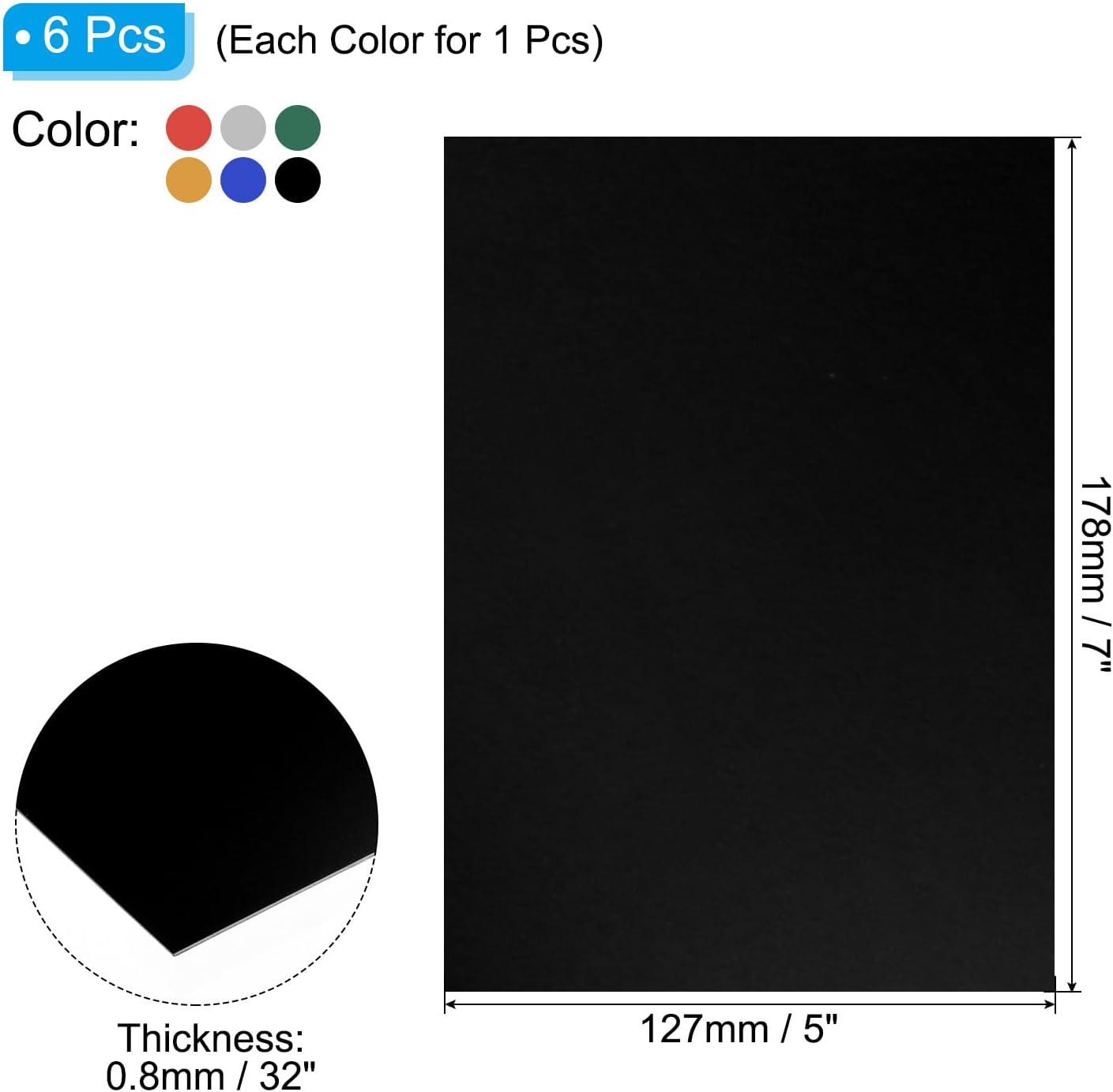 7x5x1/32inch Anodized Aluminum Sheet Set, 6Pcs Metal Rectangle Aluminum Plate 0.8mm Thick Engraving Blanks for Laser