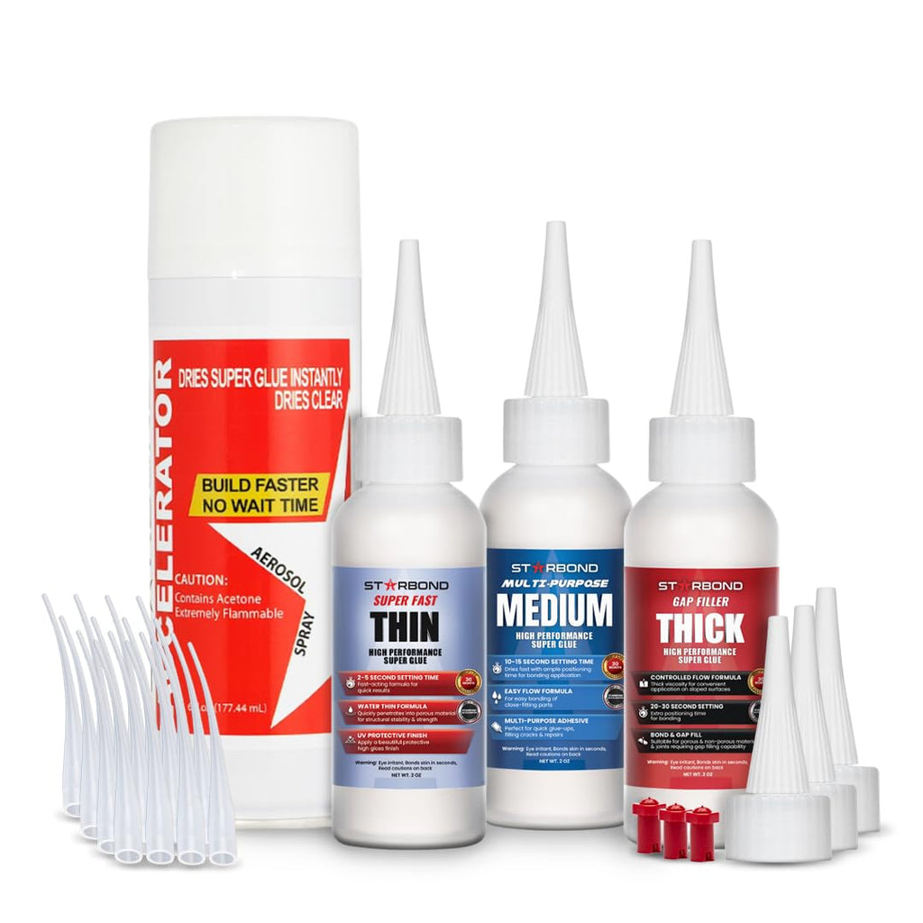 CA Glue with Activator Kit – Thin, Medium & Thick 2 oz Bottles with 6 oz Accelerator – Premium Cyanoacrylate Super