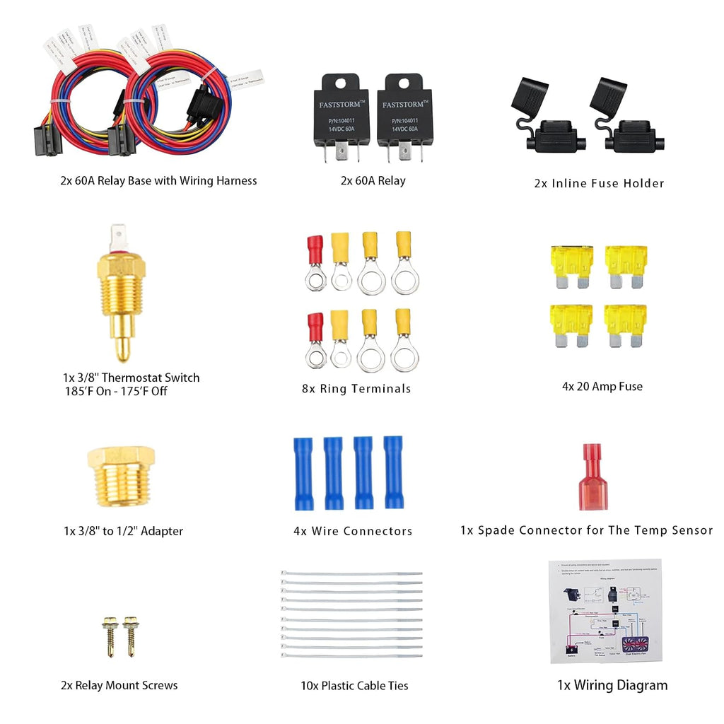 Dual Electric Fan Relay Kit Electric Radiator Fan Kit Temperature Sensor Switch 185 On 175 Off Automotive Wiring Kit