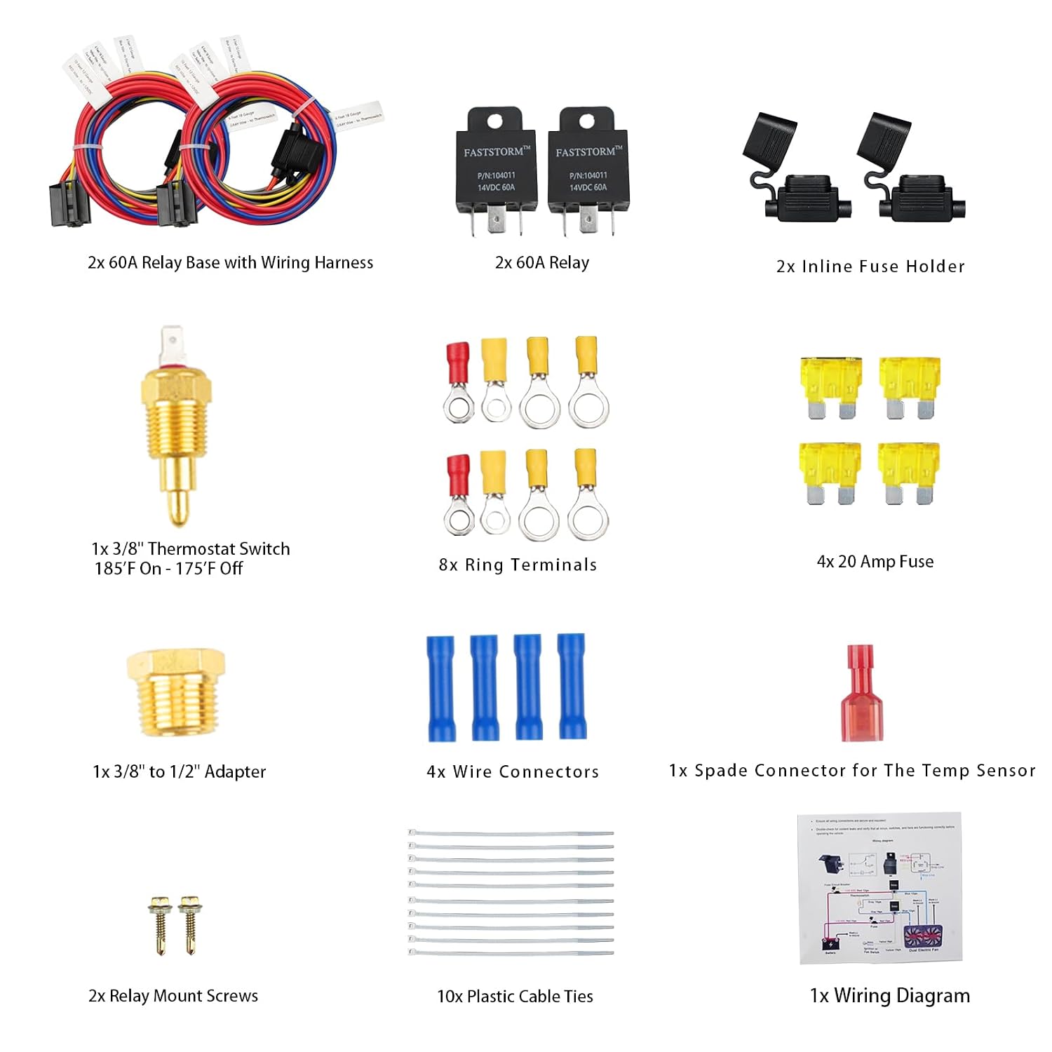 Dual Electric Fan Relay Kit Electric Radiator Fan Kit Temperature Sensor Switch 185 On 175 Off Automotive Wiring Kit