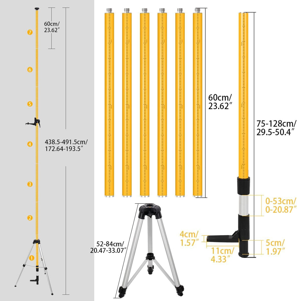 15.8Ft/4.8M Professional Laser Level Pole with Tripod & Mount - 1/4" & 5/8" Adapters, Adjustable Telescoping Laser