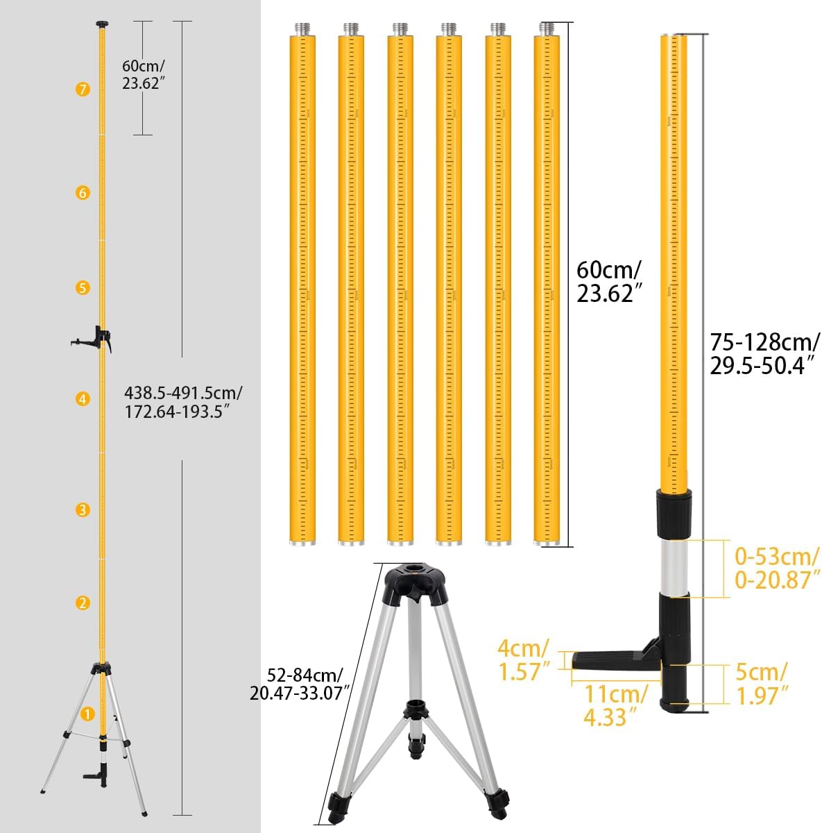15.8Ft/4.8M Professional Laser Level Pole with Tripod & Mount - 1/4" & 5/8" Adapters, Adjustable Telescoping Laser