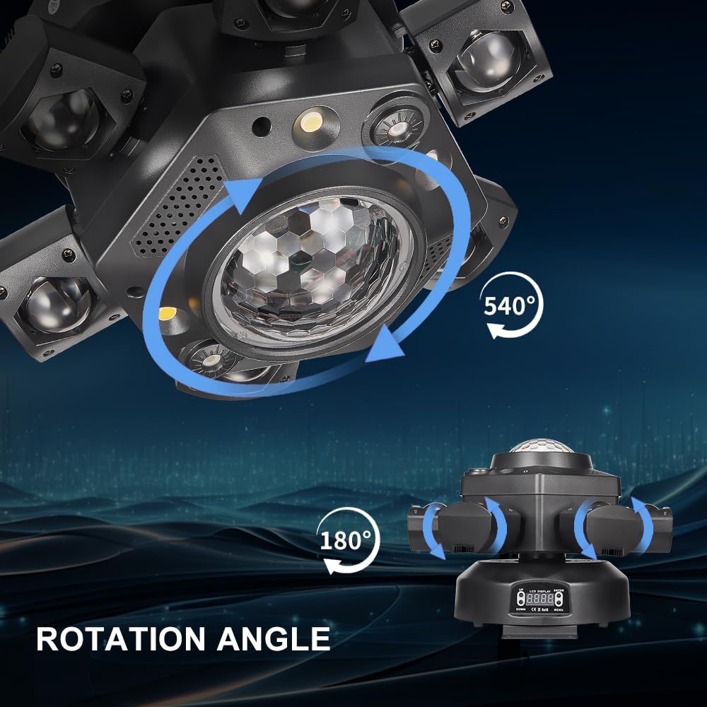 Moving Head DJ Lights, Rualin 120W Stage Light 4 in 1 with RGBW 6 Arms Beam, Kaleidoscope Light, Red Green Starry and