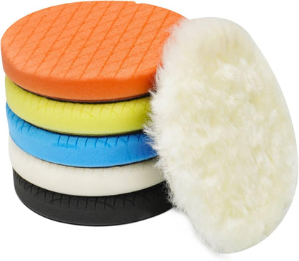 5" Buffing Polishing Pads, 6Pcs 140mm Face for 5Inch Backing Plate | Compound Buffing Sponge and Woolen Pads Cutting