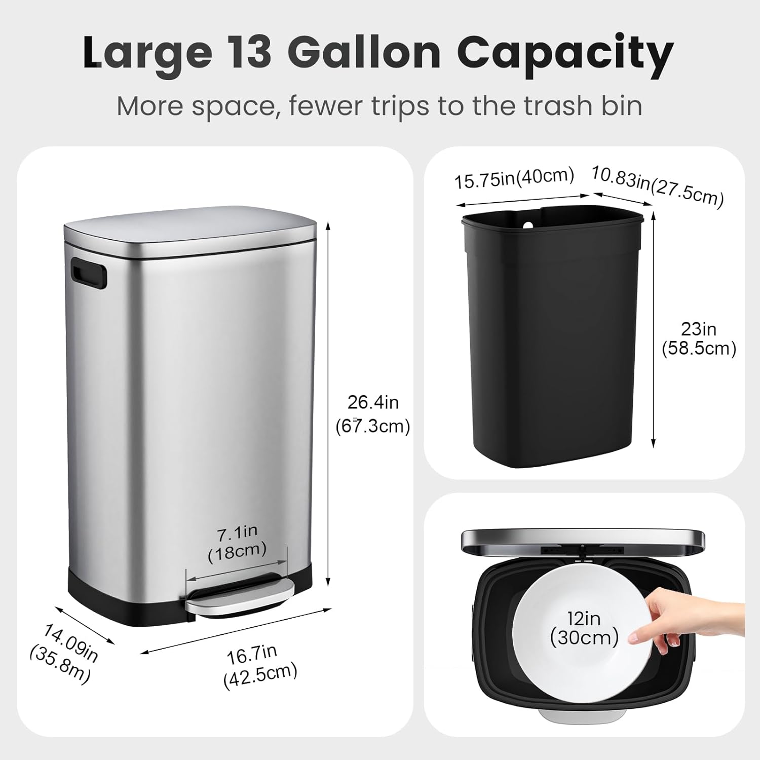 Kitchen Trash Can with Lid Soft Close,13 Gallon / 50L Stainless Steel Pedal Garbage Can, Heavy-Duty Fingerprint Proof