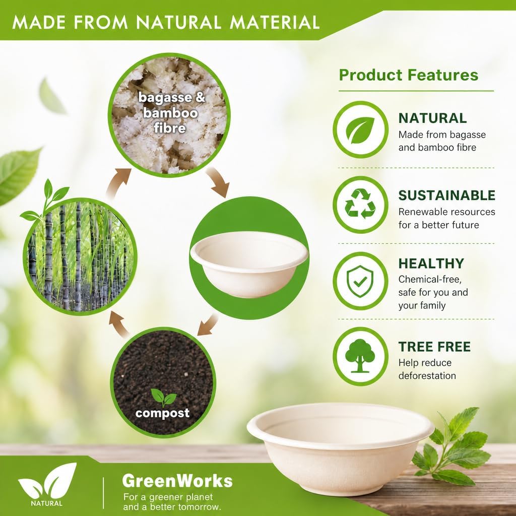 100 Count 12 OZ Compostable Bowls, Small Unbleached Biodegradable Bagasse and Bamboo fiber Paper Bowls