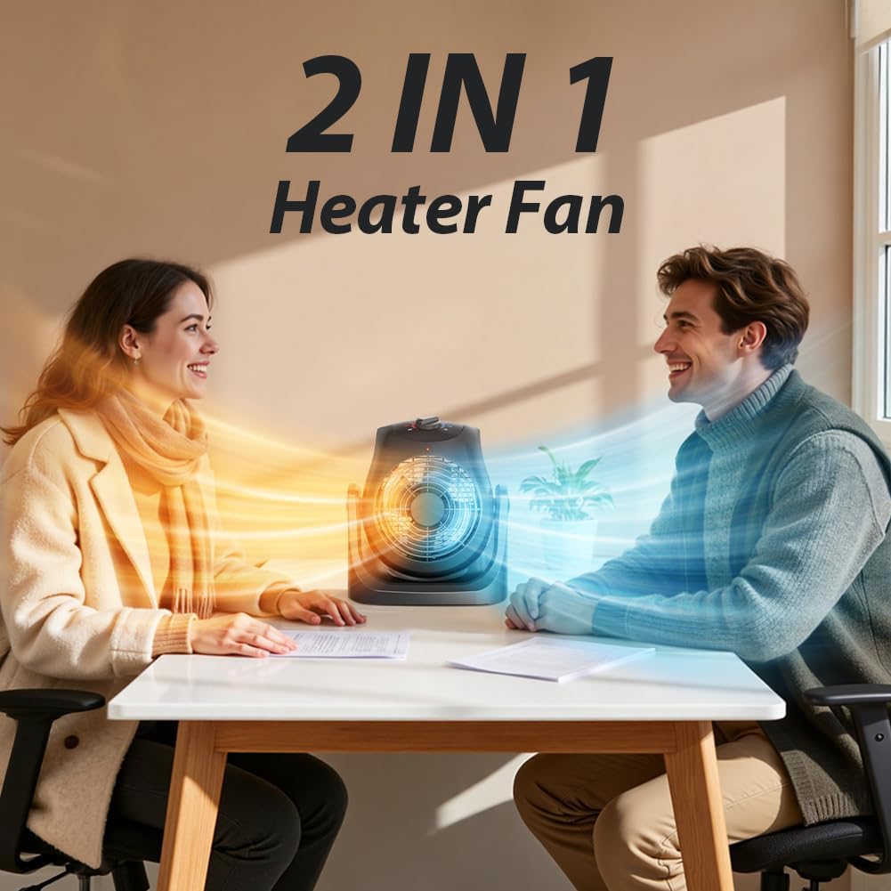 Portable Electric Space Heater Cooling Desk Fan 2 in 1 Heater Fan Combo with 45° Tilt, 2 Wind Speeds, 1500W Overheat