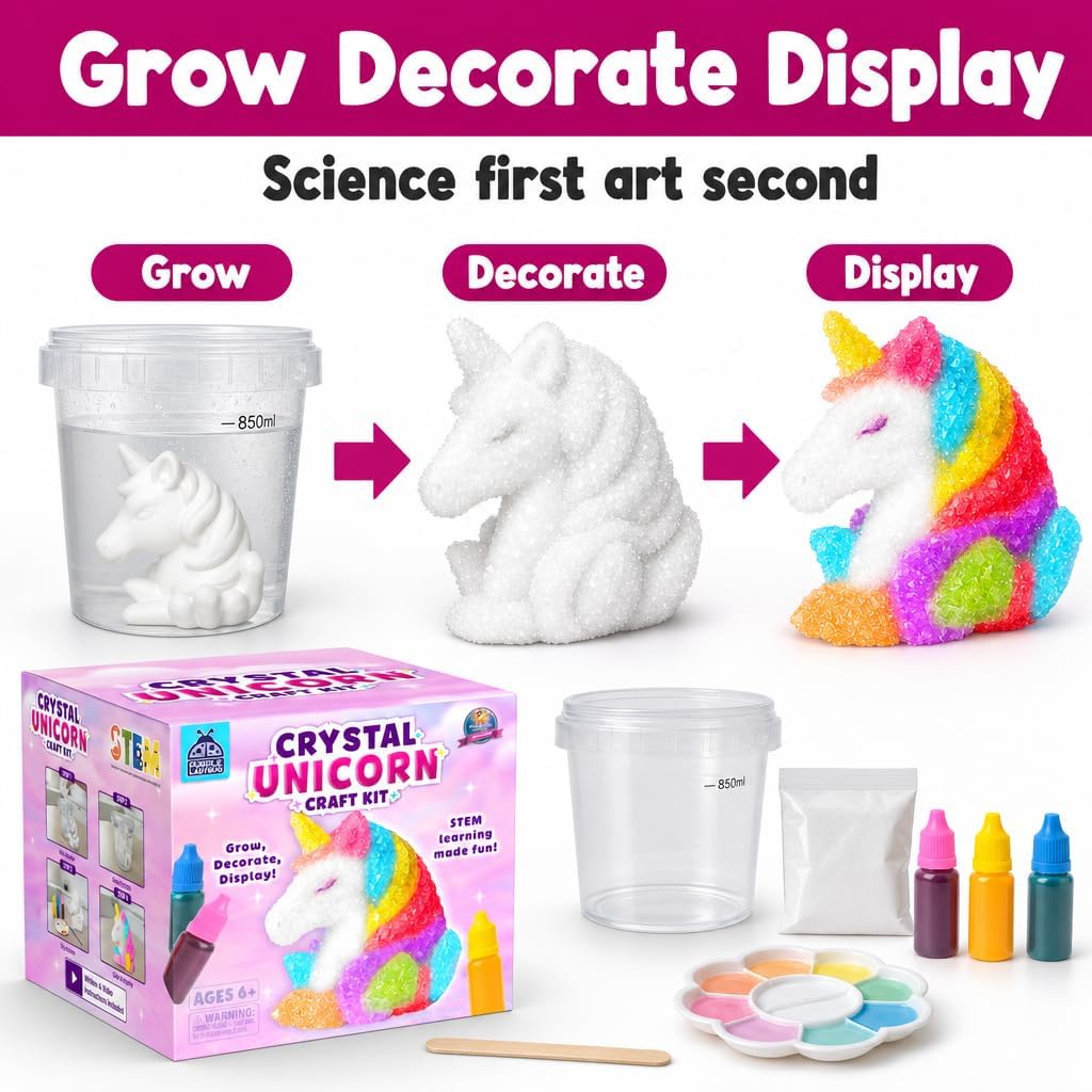 Crystal Growing Kit STEM Project for Kids Ages 8-12, Crystal Making Experiment for Girls, Grow Your Unicorn Crystal