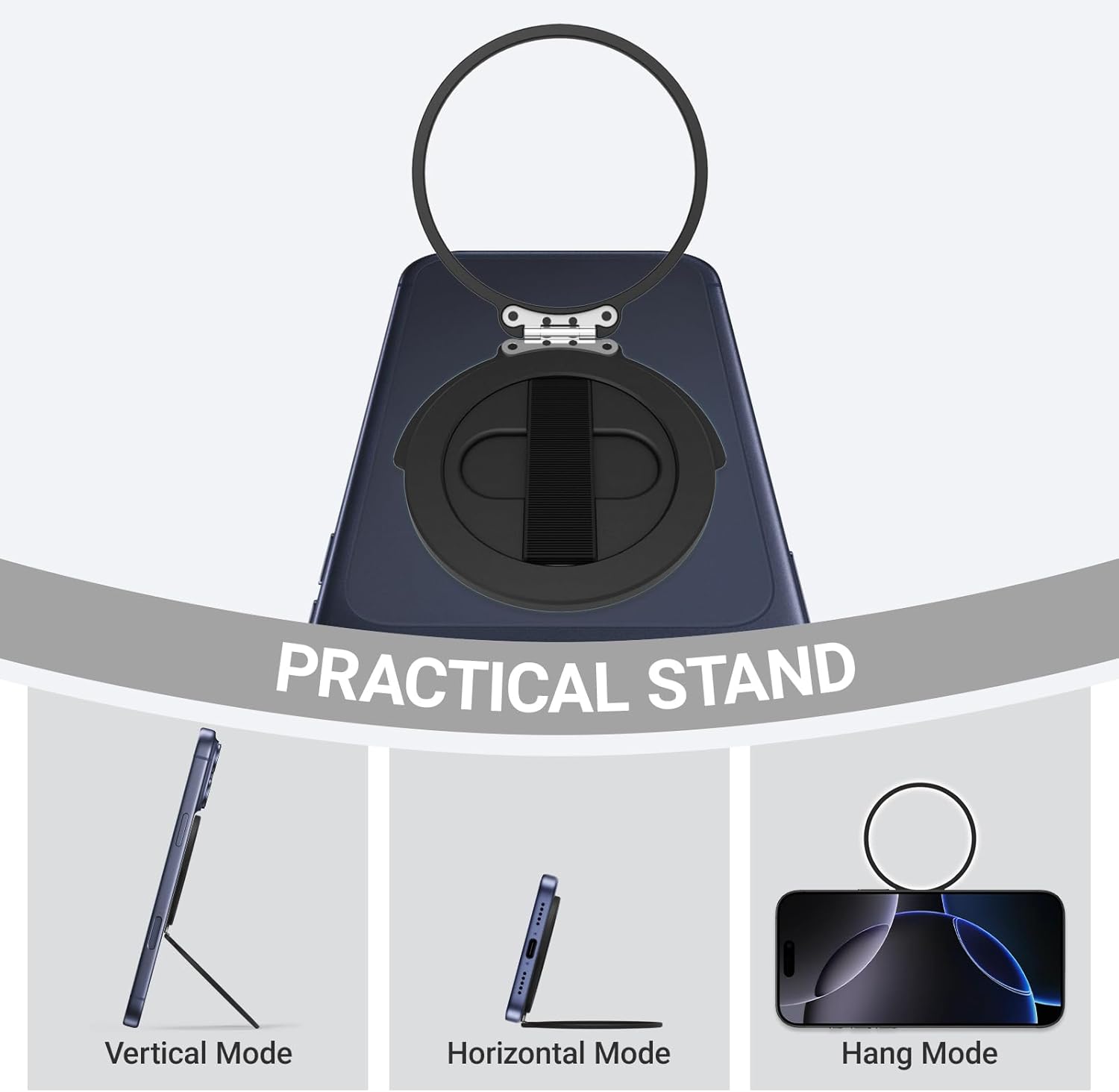 Grat 4 for Magsafe Magnetic Phone Grip Stand, 360° Rotatable Elastic Strap Loop, Detachable Ultra-Thin Aluminum Ring