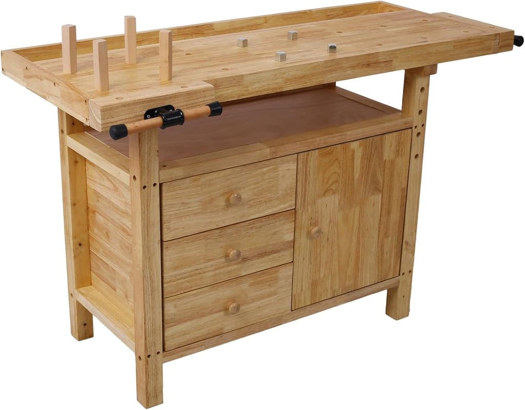 Wood Workbench with 3 Drawer & 1 Cabinet - Weight Capacity Heavy Duty Portable Wood Work Bench Table for Garage