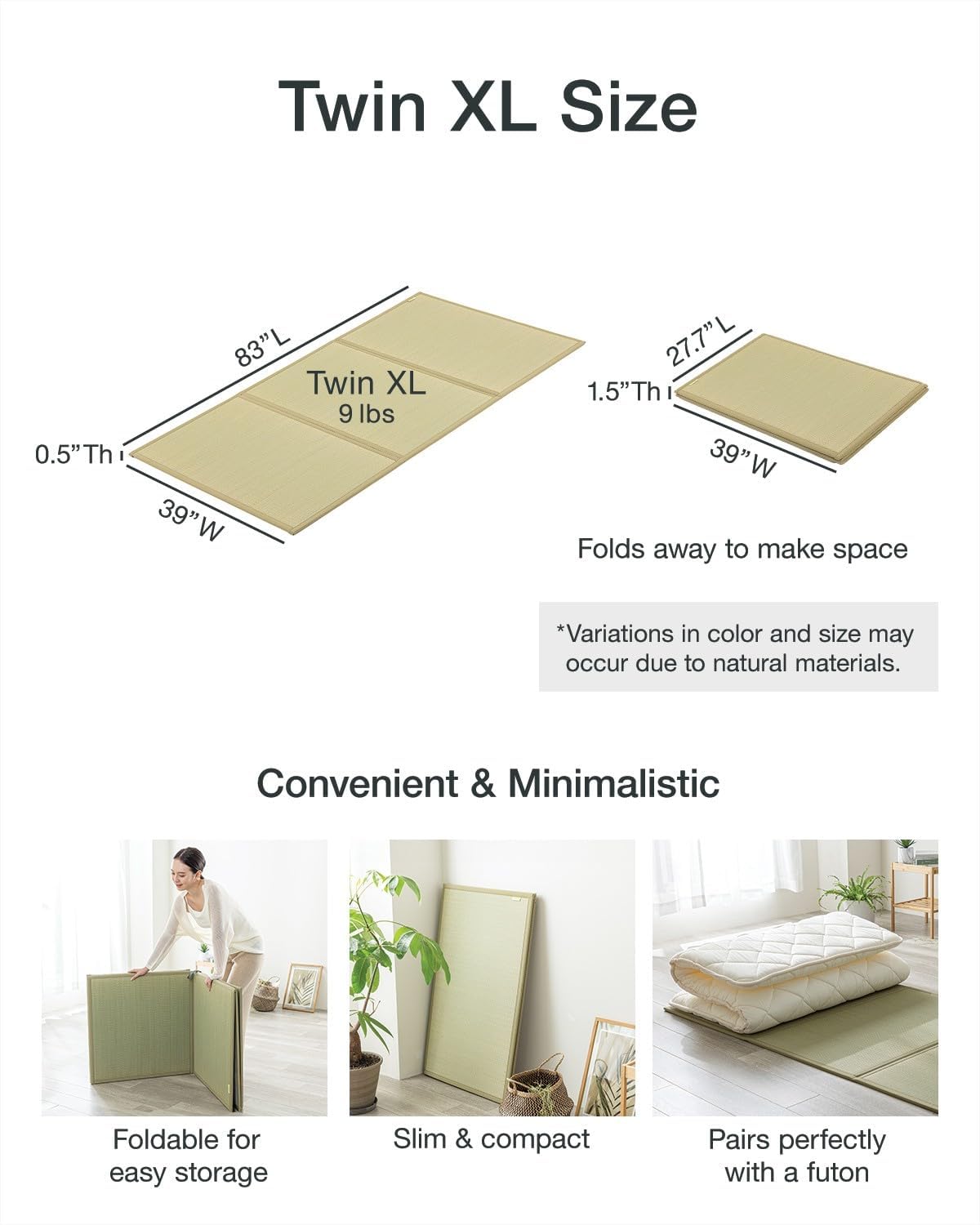 Japanese Tatami Mattress, Foldable Igusa Rush Grass, Natural, Twin XL | Tatami Rug, Japanese Floor Mattress Mat, Made
