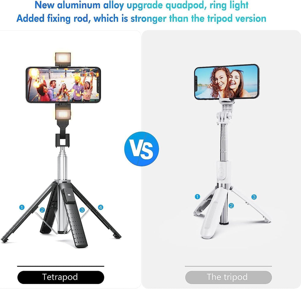 41” Selfie Stick Tripod Quadrapod with 2 Rechargeable Fill Light, Extendable Tripod with Bluetooth Remote, Stainless