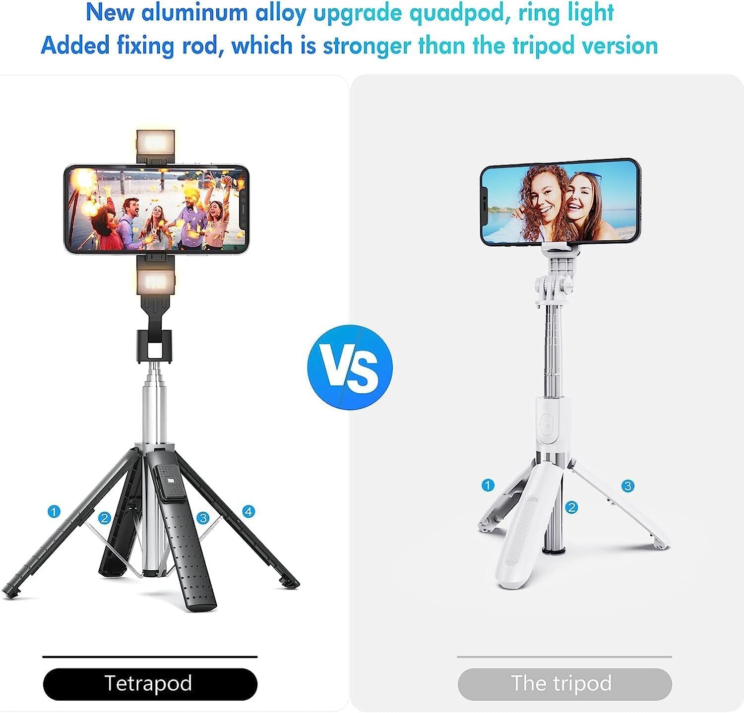41” Selfie Stick Tripod Quadrapod with 2 Rechargeable Fill Light, Extendable Tripod with Bluetooth Remote, Stainless