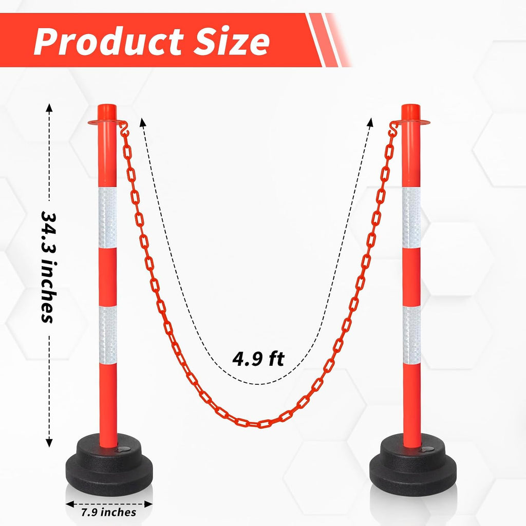 Traffic Delineator Posts with Weighted Base & Reflective Collar, 35'' Red Safety Stanchions Cones with 5FT Plastic S