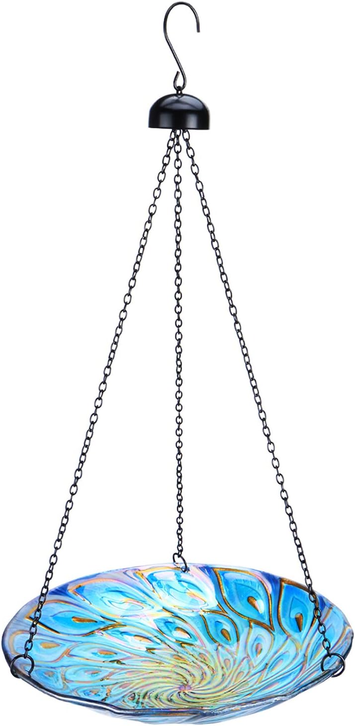 Hanging Glass Bird Bath Peacock Outdoor Birdfeeder Garden Yard Decor