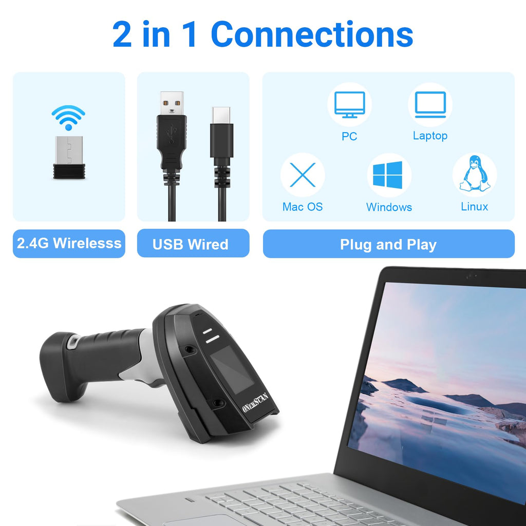 Barcode Scanner Wireless, 1D Laser Bar Code Scanners with Stand 2.4G Wireless & USB Wired Connection Plug and Play 2