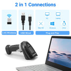 Barcode Scanner Wireless, 1D Laser Bar Code Scanners with Stand 2.4G Wireless & USB Wired Connection Plug and Play 2