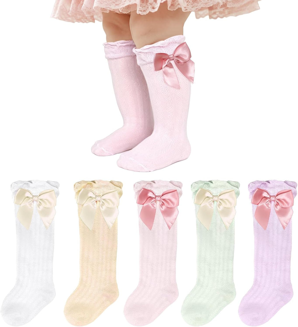 Baby Girls Knee High Socks Newborn Infants Cotton Bow Ruffle Long Socks | Toddlers Preemie Girl Long Socks, Non Slip