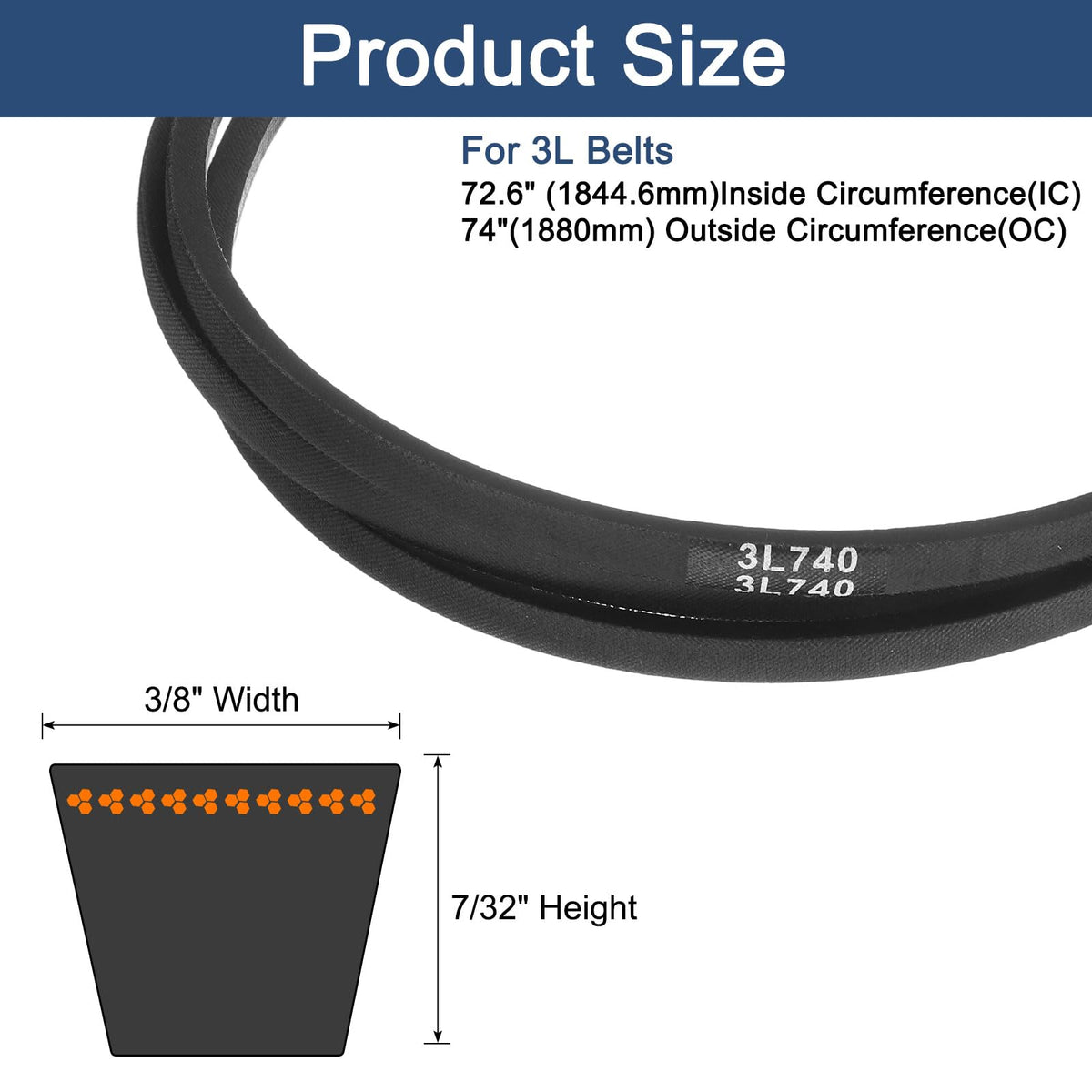 uxcell 3L740 Classic Wrapped Rubber V-Belt, 74"(1880mm) Outside Circumference, 3L Profile V Belt 3/8" Width 7/32" Height