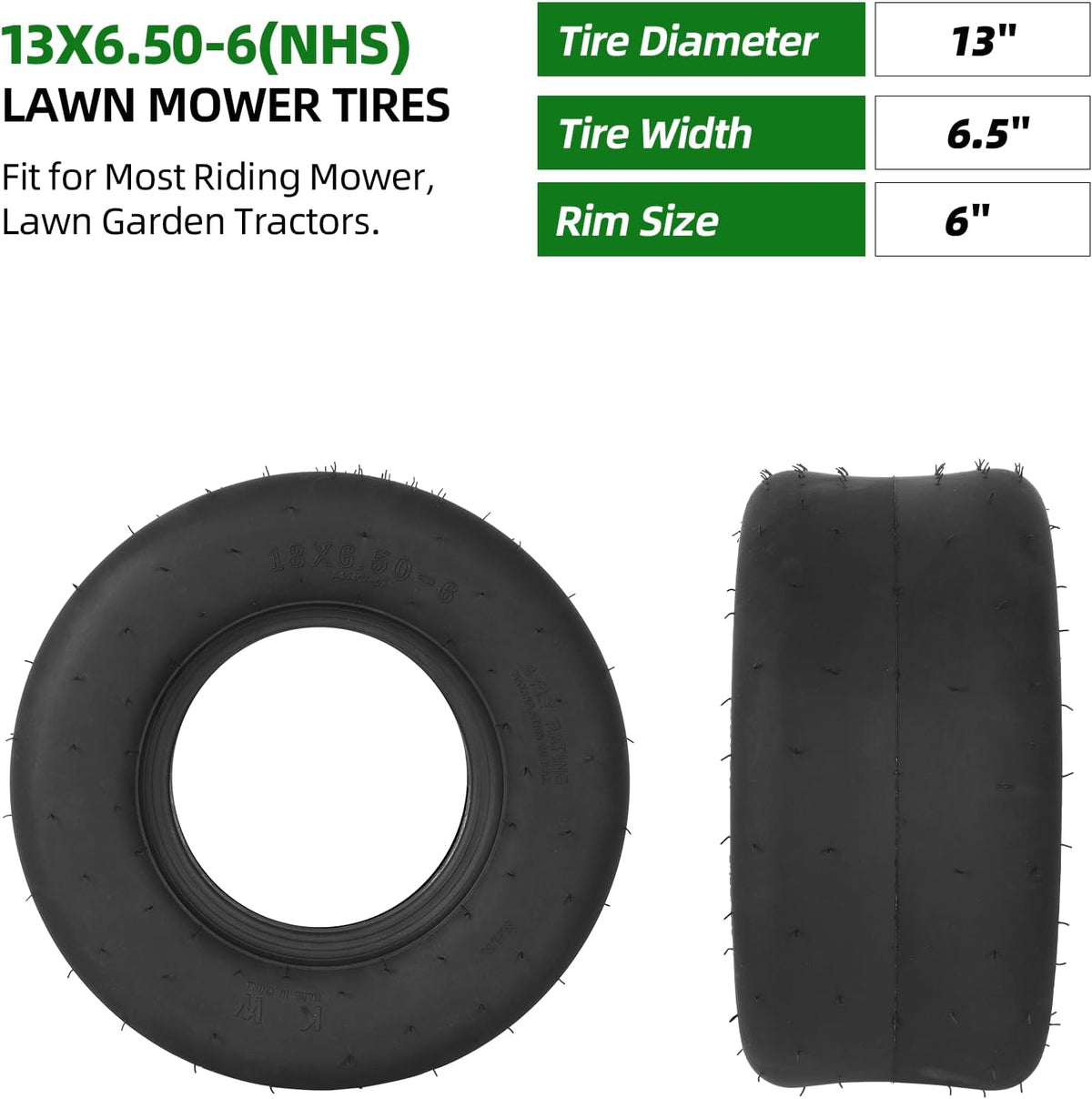 (2-Pack) 13x6.50-6 Lawn Mower Tires, Replacement 13x6.5-6 Smooth Tractor Turf Tire, 4 Ply Lawn Mower Tire Tubeless