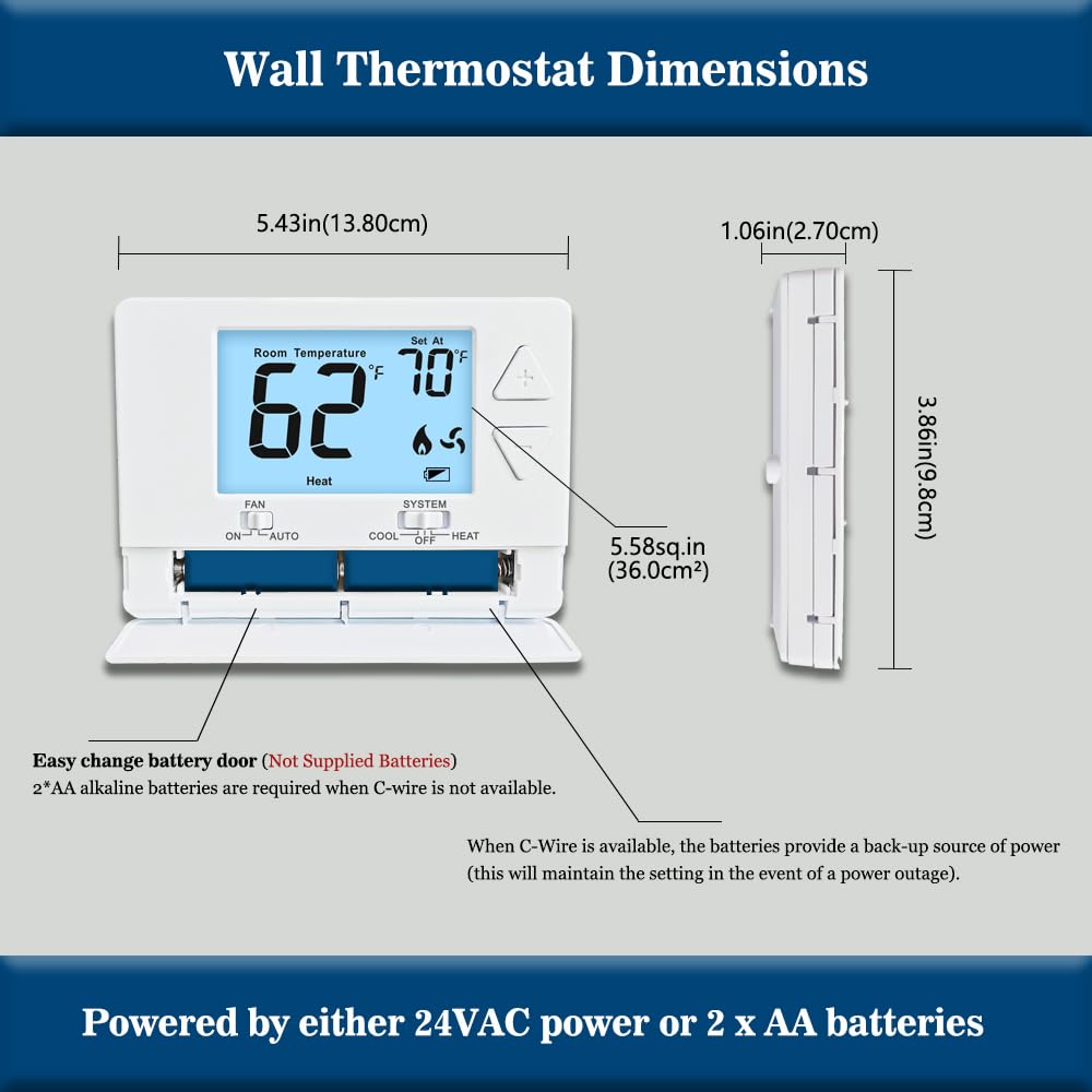 NonProgrammable Thermostat for Home,Single-Stage Systems,Digital Energy-Saving Thermostat,1 Heat/1 Cool, Easy DIY Install, White Backlight