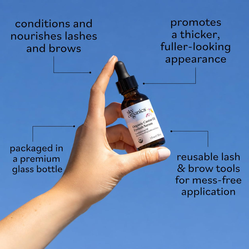USDA Organic Castor Oil Eyelash Serum 1 fl oz, Glass Bottle | Fuller-looking lashes & brows. Conditioning hair oil.
