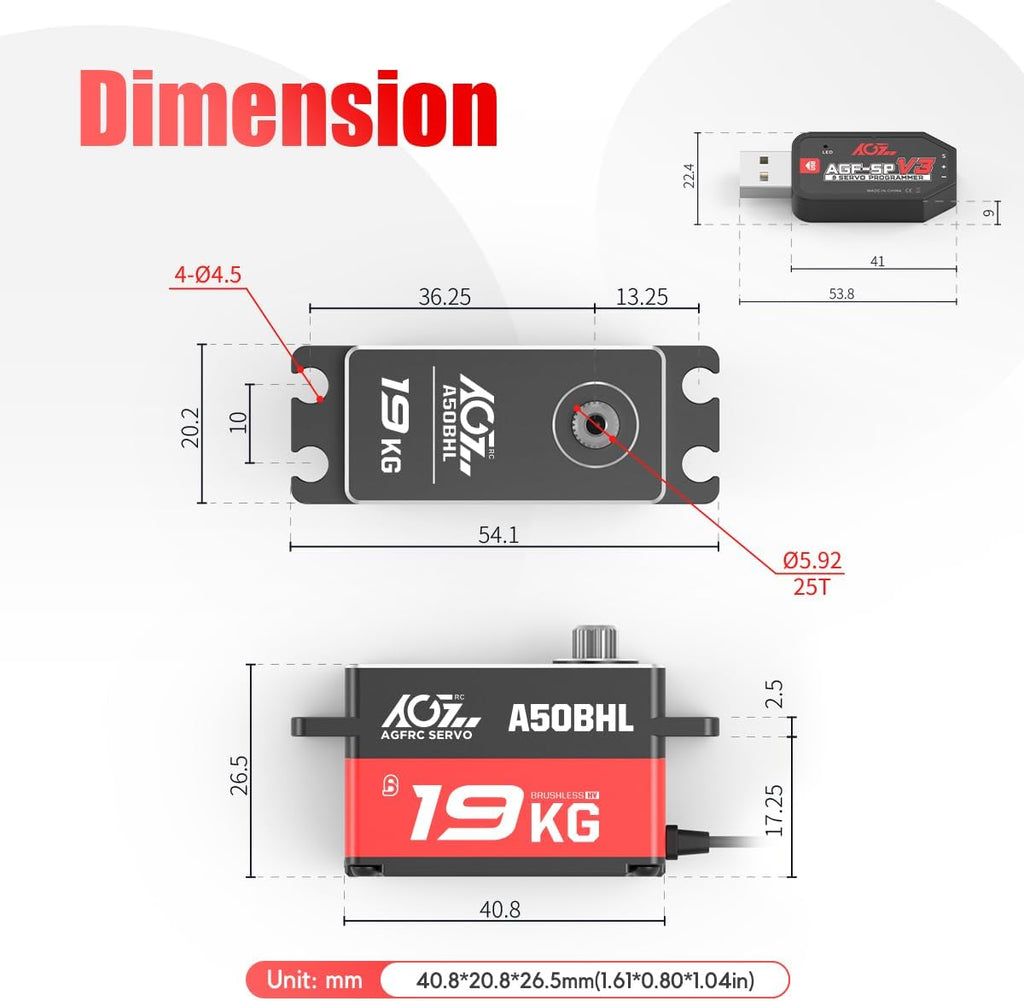 A50BHL 19kg Low-Profile Digital Brushless RC Servo Motor | 0.073s High Speed, 8.4V HV, Programmable, Full Metal